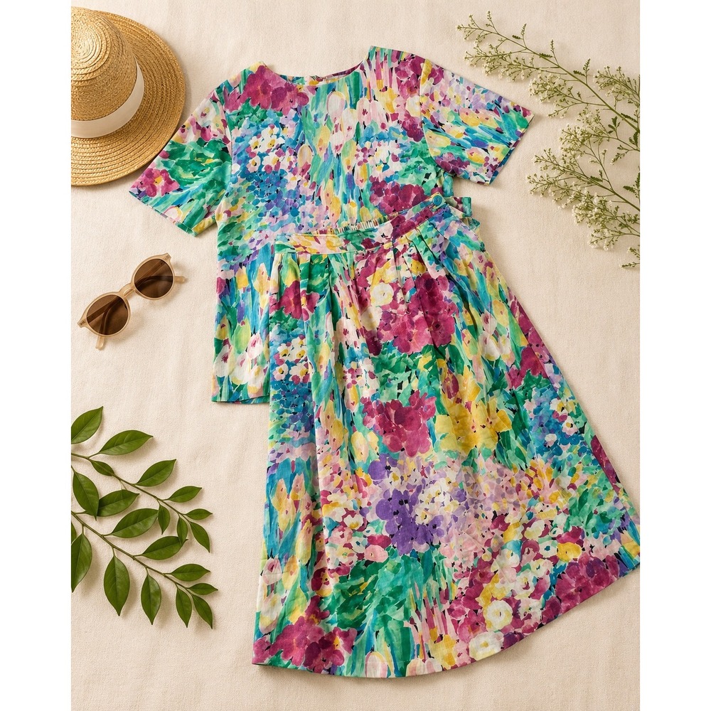 Vintage Floral Watercolor Two Piece Set Pleated‎ Midi Skirt Short Sleeve 80s 90s
